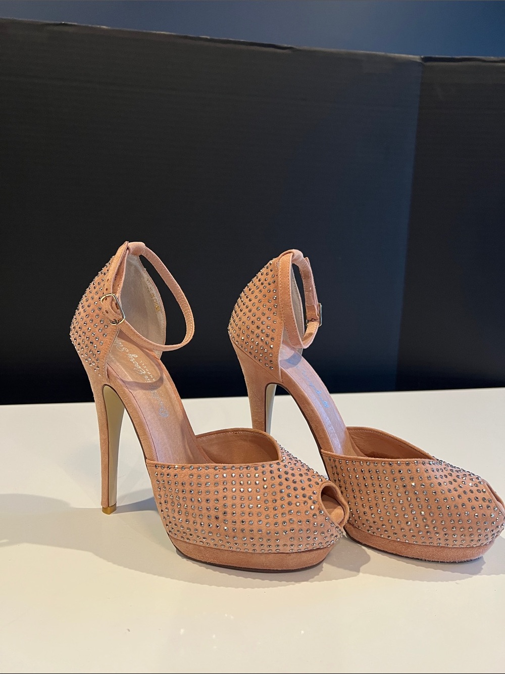Jeffrey Campbell Blush Rhinestone Peep-Toe Ankle-Strap Stilettos